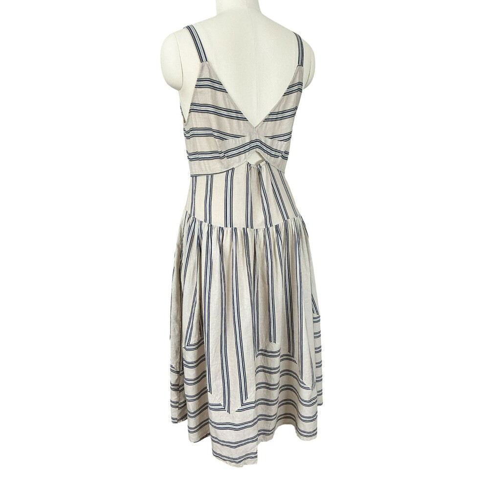 Anthropologie Plenty Linen Fit & Flare Midi Dress L Beige Striped Cutout Tiered - Picture 9 of 16